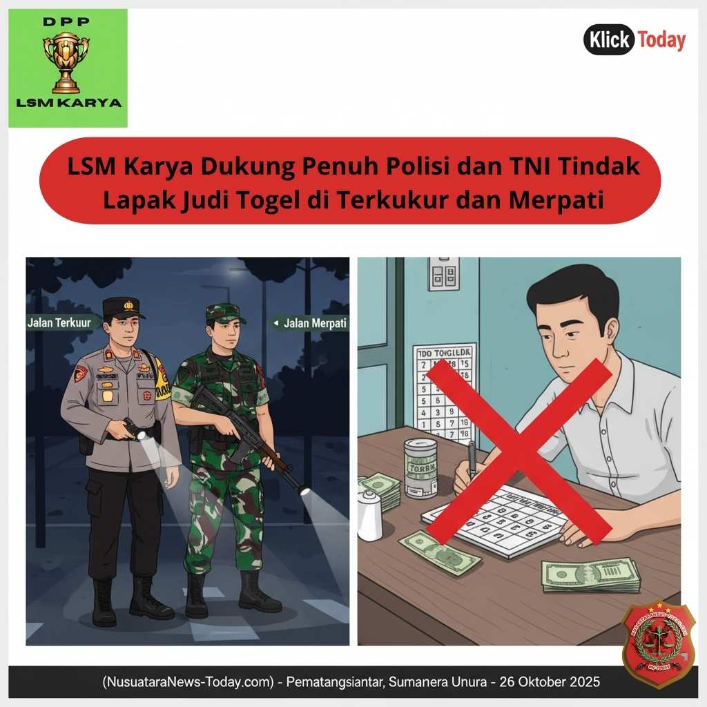 LSM Karya Dukung Penuh Polisi dan TNI Tindak Lapak Judi Togel di Terkukur dan Merpati
