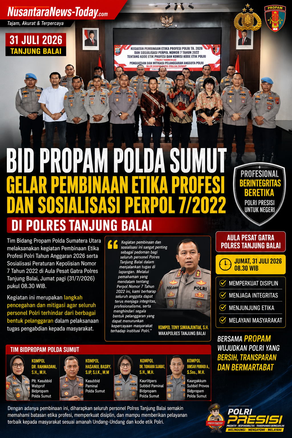 Perkuat Integritas dan Profesionalisme: Bidpropam Polda Sumut Gelar Pembinaan Etika di Polres Tanjung Balai
