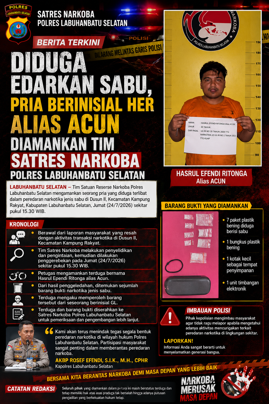 Diduga Edarkan Sabu, Pria Berinisial HER Alias Acun Diamankan Tim Satres Narkoba Polres Labuhanbatu Selatan