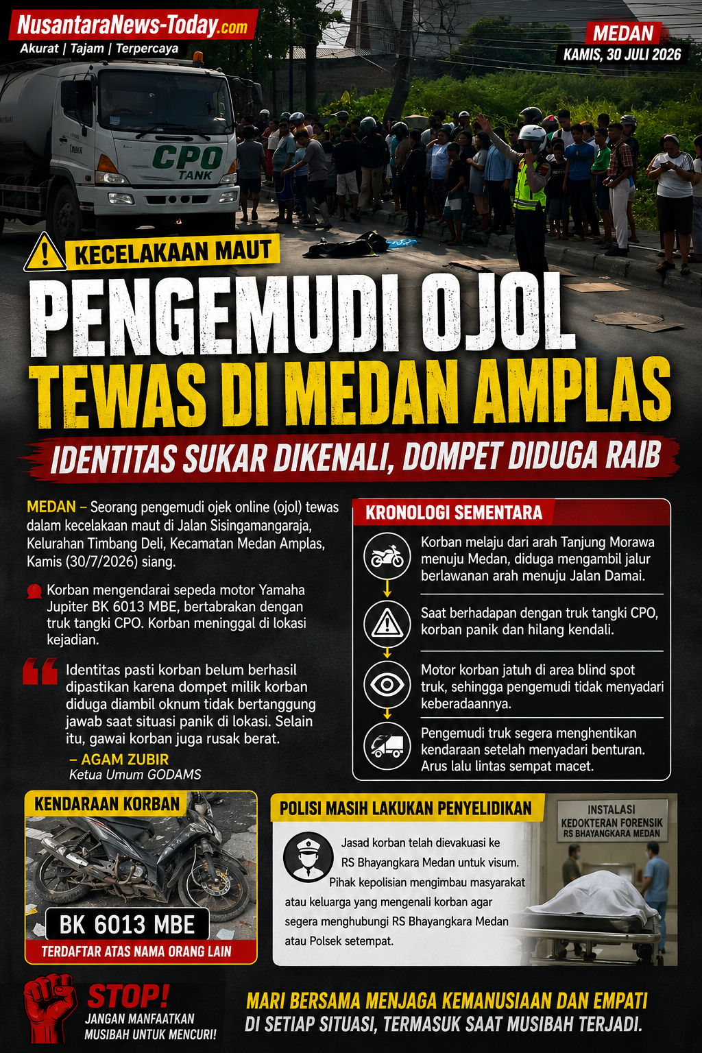 Kecelakaan Maut Pengemudi Ojol di Medan Amplas: Identitas Sukar Dikenali Usai Dompet Diduga Raib