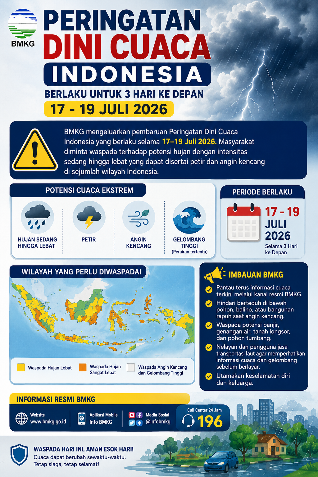 Peringatan Dini Cuaca Indonesia Berlaku 17–19 Juli 2026, Masyarakat Diimbau Waspada Potensi Cuaca Ekstrem