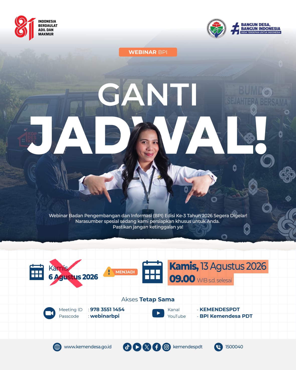 Webinar BPI Kemendesa PDT Diundur ke 13 Agustus 2026, Perkuat Ketahanan Pangan Desa