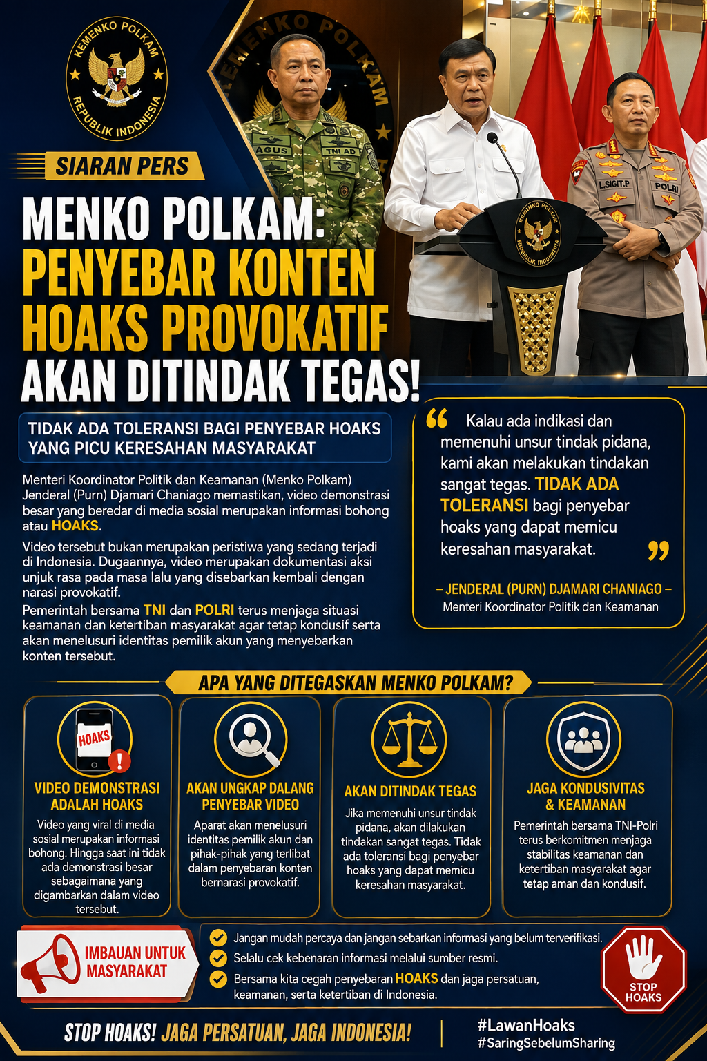 Menko Polkam: Penyebar Konten Hoaks Provokatif Akan Ditindak Tegas