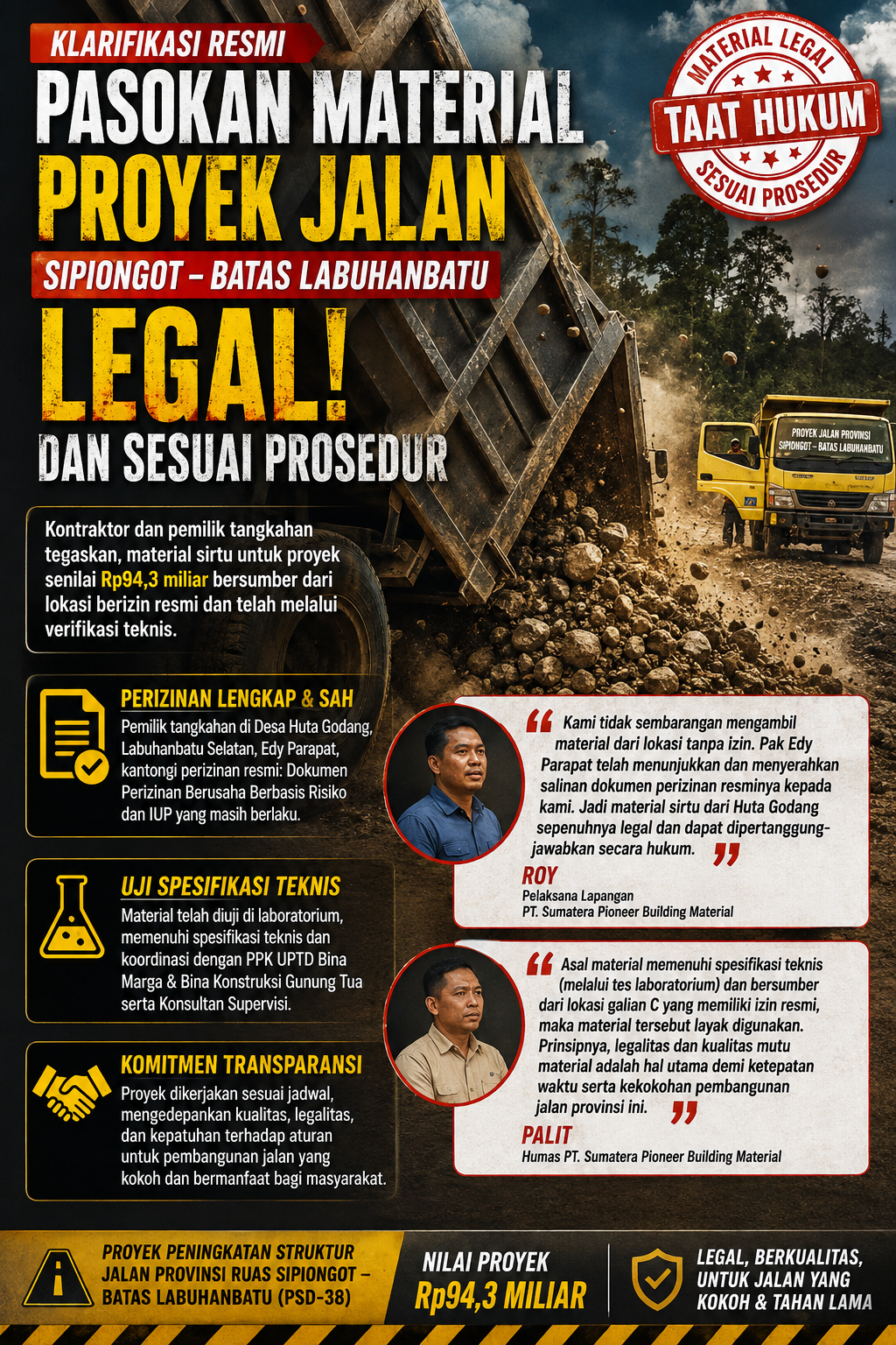 Klarifikasi: Material Proyek Jalan Sipiongot–Batas Labuhanbatu Dipastikan Legal dan Berizin
