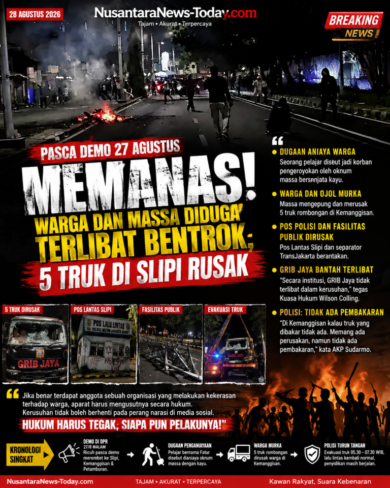 PASCA DEMO 27 AGUSTUS MEMANAS: WARGA DAN MASSA DIDUGA TERLIBAT BENTROK, 5 TRUK DI SLIPI RUSAK