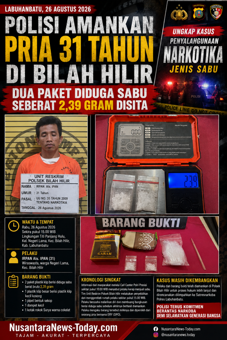 Polsek Bilah Hilir Amankan Pria Diduga Terlibat Narkotika, 2,39 Gram Sabu Disita