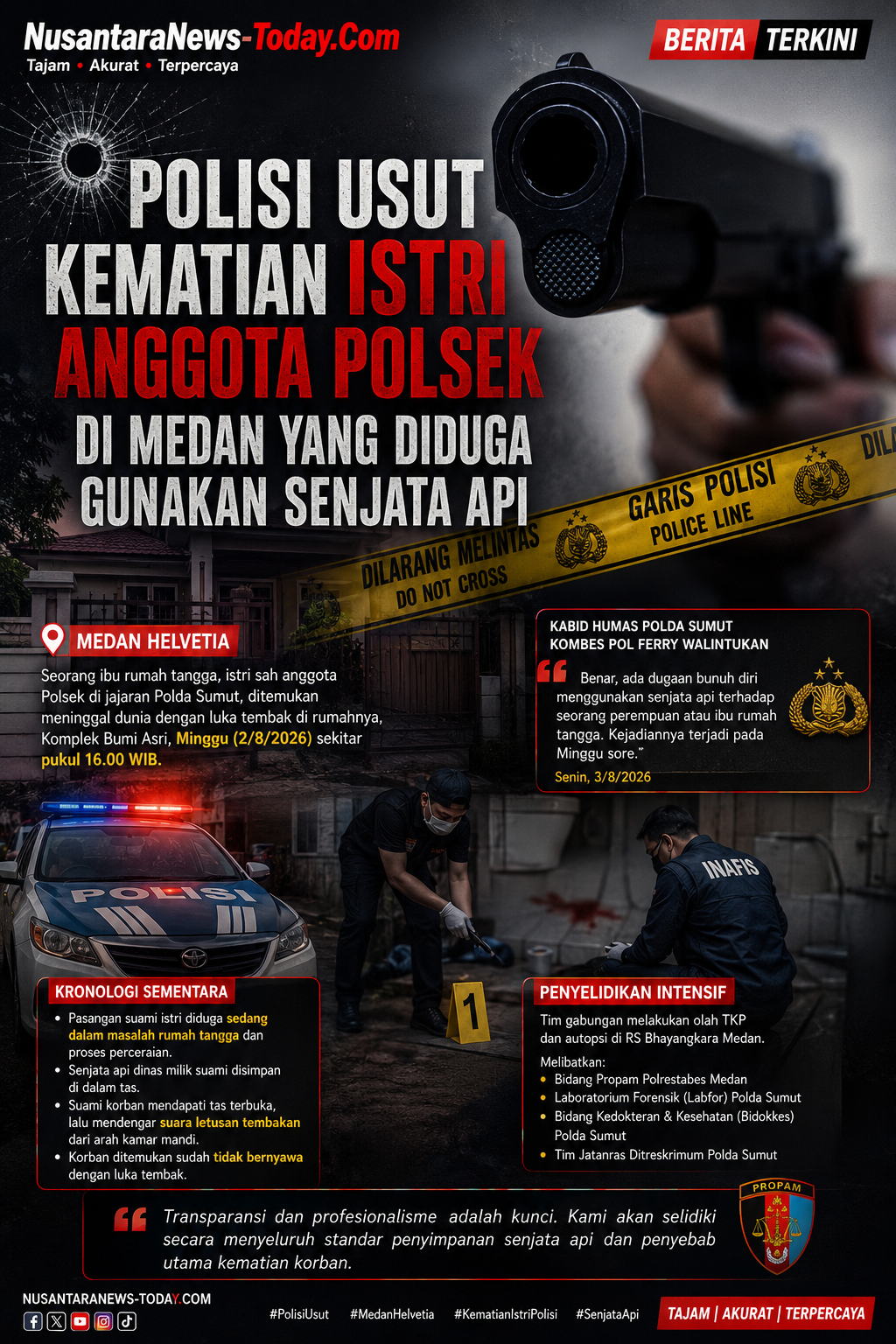 Polisi Usut Kematian Istri Anggota Polsek di Medan, Diduga Bunuh Diri dengan Senjata Api