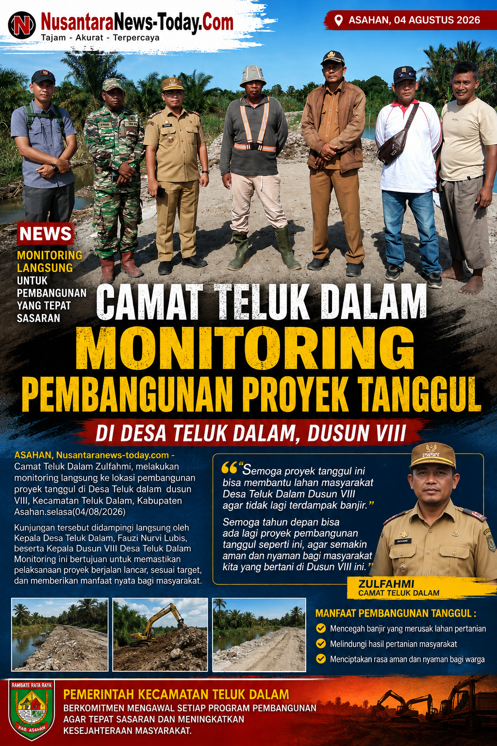 Camat Teluk Dalam Tinjau Proyek Tanggul, Harapkan Solusi Banjir Lahan Pertanian
