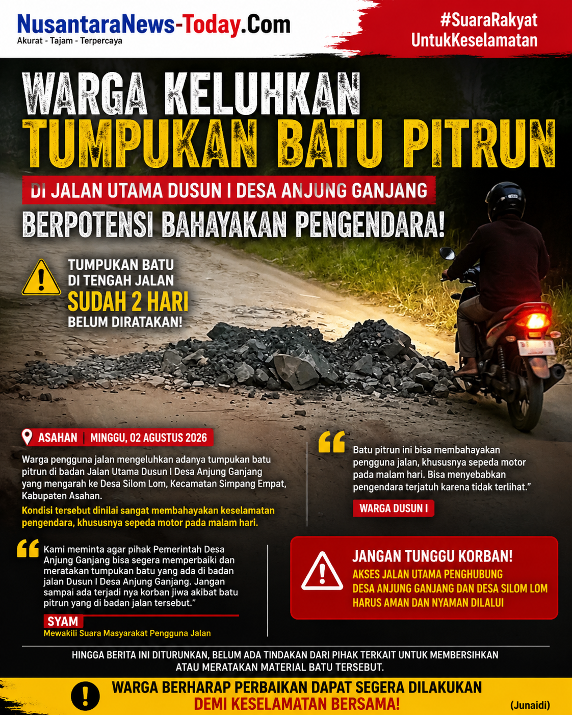 Warga Asahan Keluhkan Tumpukan Batu Pitrun di Jalan Utama Anjung Ganjang, Ancam Keselamatan Pengendara