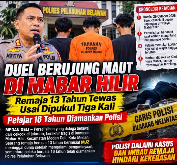 DUEL BERUJUNG MAUT DI MABAR HILIR: Remaja 13 Tahun Tewas Usai Dipukul Tiga Kali, Pelajar 16 Tahun Diamankan Polisi